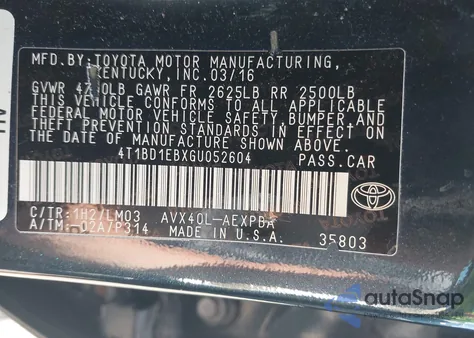 2016 Toyota Avalon Hybrid Limited z USA, uszkodzony, nr VIN 4T1BD1EBXGU052604